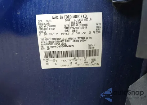 2014 Ford Explorer Xlt из США, поврежденный, VIN 1FM5K8D80EGB49727